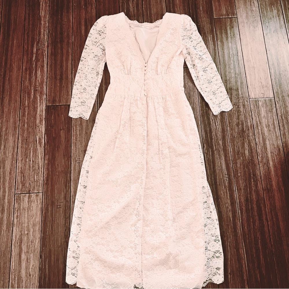 Vintage 80s Petal Pink Lace Maxi Dress 10 Cottagecore Victorian Wedding Coquette - Picture 10 of 13